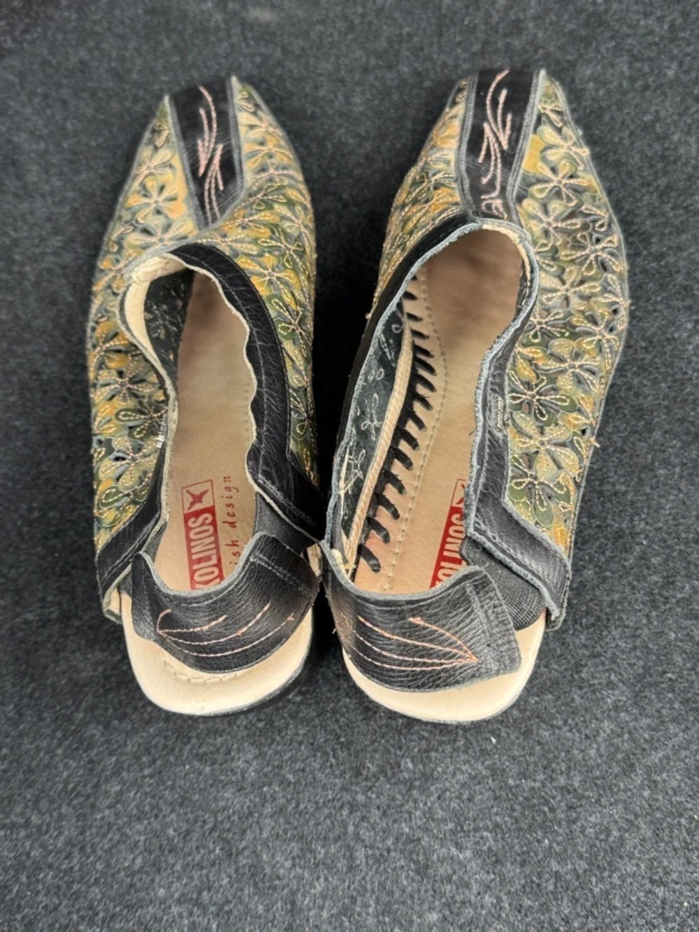 PIKOLINOS Black & Gold Floral Spanish Leather Sandals, Sz 42